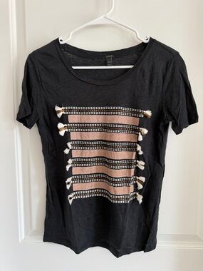 J. Crew Black Short-Sleeve Tassel Stripe Linen Tee
